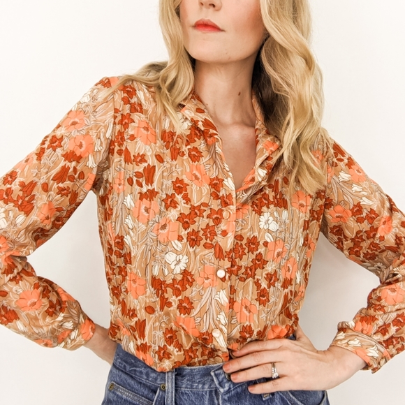 70s Floral Button Down Long Sleeve Blouse - Picture 14 of 17